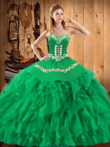 Eye-catching Green Sweetheart Neckline Embroidery and Ruffles Quinceanera Gowns Sleeveless Lace Up