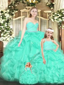 Stylish Apple Green Organza Lace Up Sweet 16 Dress Sleeveless Floor Length Lace and Ruffles