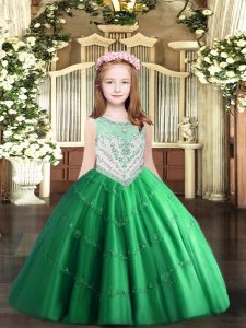 Latest Green Tulle Zipper Scoop Sleeveless Floor Length Little Girl Pageant Gowns Beading and Appliques