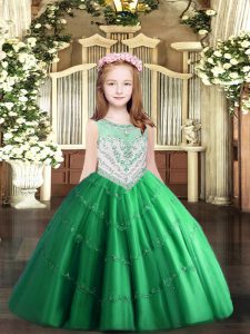 Latest Green Tulle Zipper Scoop Sleeveless Floor Length Little Girl Pageant Gowns Beading and Appliques