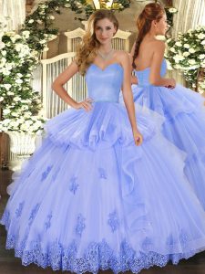 Light Blue Ball Gowns Tulle Sweetheart Sleeveless Beading and Appliques and Ruffles Floor Length Lace Up Sweet 16 Dress