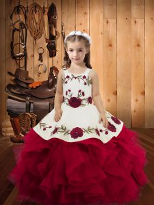 Fuchsia Ball Gowns Embroidery and Ruffles Girls Pageant Dresses Lace Up Tulle Sleeveless Floor Length