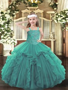 Turquoise Ball Gowns Straps Sleeveless Tulle Floor Length Lace Up Beading and Ruffles Kids Pageant Dress