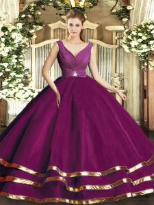 V-neck Sleeveless Sweet 16 Quinceanera Dress Floor Length Beading and Ruffled Layers and Ruching Fuchsia Tulle