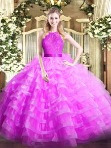 Fantastic Scoop Sleeveless Sweet 16 Quinceanera Dress Floor Length Ruffled Layers Lilac Organza