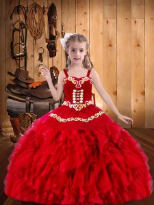 Red Lace Up Straps Embroidery and Ruffles Pageant Gowns For Girls Organza Sleeveless
