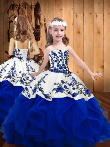 Stunning Sleeveless Floor Length Embroidery and Ruffles Lace Up Kids Formal Wear with Royal Blue