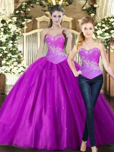 Sleeveless Tulle Floor Length Lace Up 15th Birthday Dress in Fuchsia with Beading