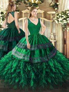 Dramatic Sleeveless Floor Length Beading and Lace and Ruffles Backless Quinceanera Dresses with Dark Green