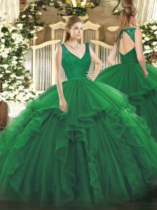 Latest V-neck Sleeveless Organza Sweet 16 Dresses Beading and Ruffles Zipper