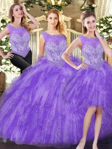 Floor Length Three Pieces Sleeveless Eggplant Purple Quinceanera Gown Lace Up