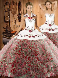 Sexy Multi-color Vestidos de Quinceanera Military Ball and Sweet 16 and Quinceanera with Embroidery Halter Top Sleeveless Sweep Train Lace Up