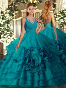 Trendy Teal V-neck Neckline Ruffles Sweet 16 Quinceanera Dress Sleeveless Backless