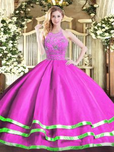 Adorable Fuchsia Quinceanera Dresses Military Ball and Sweet 16 and Quinceanera with Beading Halter Top Sleeveless Zipper