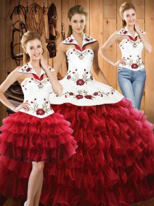 Delicate Wine Red Ball Gowns Organza Halter Top Sleeveless Embroidery and Ruffled Layers Floor Length Lace Up Quinceanera Gown