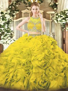 Deluxe Yellow Green Sleeveless Floor Length Beading Zipper Sweet 16 Dress