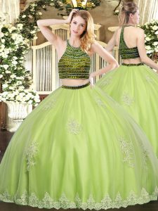 Ideal Beading and Appliques Ball Gown Prom Dress Yellow Green Zipper Sleeveless Floor Length