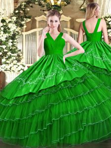 Green Ball Gowns Satin and Organza V-neck Sleeveless Embroidery and Ruffled Layers Floor Length Zipper Quince Ball Gowns