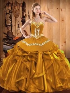 Sweetheart Sleeveless Quinceanera Gown Floor Length Embroidery and Ruffles Gold Organza