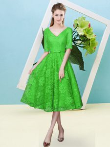 Vintage Tea Length Empire Half Sleeves Green Vestidos de Damas Lace Up