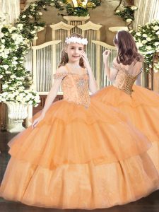 Orange Lace Up Off The Shoulder Beading and Ruffled Layers Pageant Dresses Organza Sleeveless