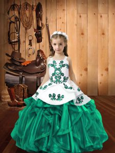 Straps Sleeveless Girls Pageant Dresses Floor Length Embroidery and Ruffles Turquoise Organza