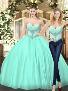 Apple Green Tulle Lace Up Sweetheart Sleeveless Floor Length Quinceanera Gowns Beading