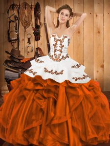 Simple Orange Red Sleeveless Floor Length Embroidery and Ruffles Lace Up 15th Birthday Dress