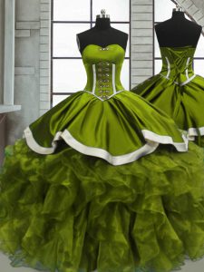 Olive Green Ball Gowns Sweetheart Sleeveless Organza Floor Length Lace Up Beading and Ruffles Quince Ball Gowns