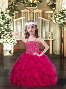 Floor Length Fuchsia Kids Formal Wear Organza Sleeveless Beading and Ruffles