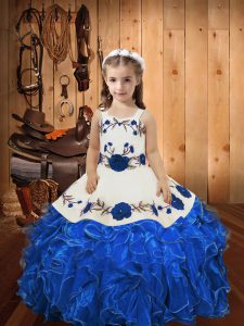 Floor Length Lace Up Little Girls Pageant Dress Blue for Sweet 16 and Quinceanera with Embroidery and Ruffles