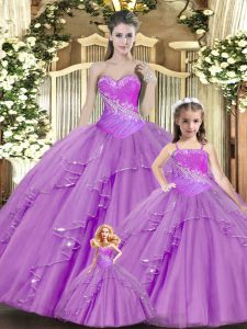 Glorious Lilac Lace Lace Up Quinceanera Gown Sleeveless Floor Length Beading and Ruching