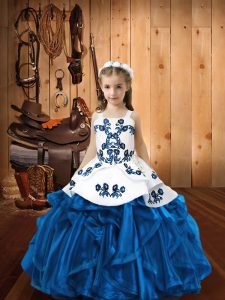 High Quality Floor Length Blue Little Girls Pageant Dress Straps Sleeveless Lace Up