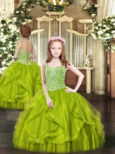 Adorable Beading and Ruffles Little Girls Pageant Gowns Olive Green Lace Up Sleeveless Floor Length