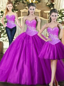 Sweetheart Sleeveless Ball Gown Prom Dress Floor Length Beading Fuchsia Tulle
