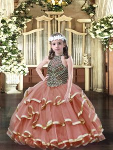 Popular Rust Red Ball Gowns Beading and Ruffled Layers Pageant Gowns For Girls Lace Up Organza Sleeveless Floor Length