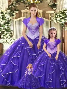 Great Floor Length Lace Up Sweet 16 Dresses Purple for Military Ball and Sweet 16 and Quinceanera with Beading and Ruffles