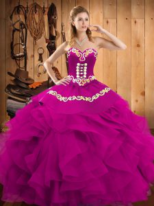 Affordable Satin and Organza Sleeveless Floor Length Vestidos de Quinceanera and Embroidery and Ruffles
