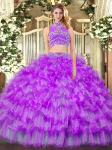 Beautiful Tulle High-neck Sleeveless Backless Beading and Ruffled Layers 15 Quinceanera Dress in Purple