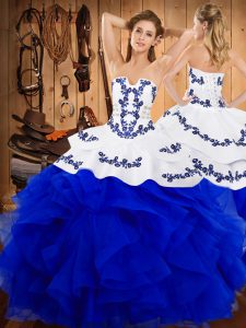 Strapless Sleeveless Satin and Organza 15 Quinceanera Dress Embroidery and Ruffles Lace Up