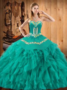 Turquoise Satin and Organza Lace Up Sweetheart Sleeveless Floor Length Sweet 16 Dresses Embroidery and Ruffles