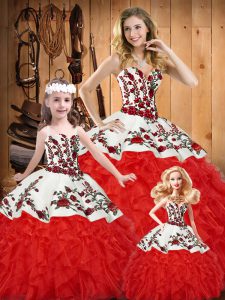 Latest White And Red Satin and Organza Lace Up Sweetheart Sleeveless Floor Length Sweet 16 Dress Embroidery and Ruffles