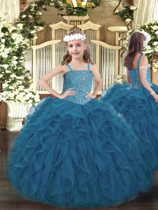 Teal Little Girls Pageant Dress Wholesale Party and Quinceanera with Beading and Ruffles Straps Sleeveless Lace Up