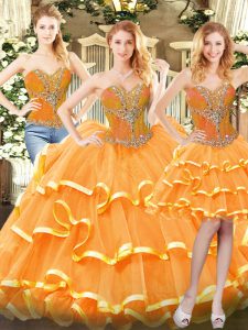 Sweetheart Sleeveless Quince Ball Gowns Floor Length Beading and Ruffled Layers Orange Red Organza