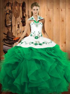 Halter Top Sleeveless Quince Ball Gowns Floor Length Embroidery and Ruffles Turquoise Tulle