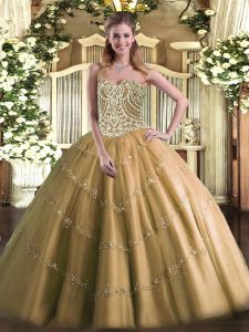 Brown Ball Gowns Beading Quinceanera Dress Lace Up Tulle Sleeveless Floor Length