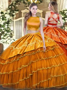 Orange Sleeveless Tulle Criss Cross Quince Ball Gowns for Military Ball and Sweet 16 and Quinceanera