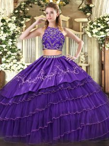 Discount High-neck Sleeveless Tulle Quince Ball Gowns Beading and Embroidery and Ruffled Layers Zipper
