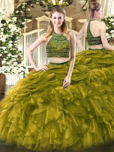 Elegant Olive Green Tulle Zipper Halter Top Sleeveless Floor Length 15th Birthday Dress Beading and Ruffles