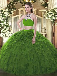 Lovely Tulle High-neck Sleeveless Backless Beading and Ruffles Quinceanera Gowns in Dark Green
